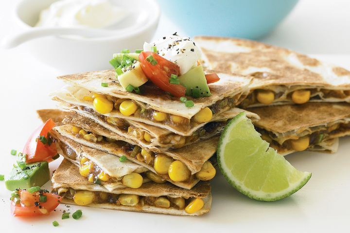 Cooking Vegetarian Corn and cheese quesadillas with avocado salsa