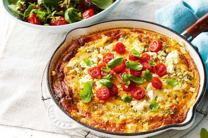 Cooking Vegetarian Corn and fetta frittata with tomato salad