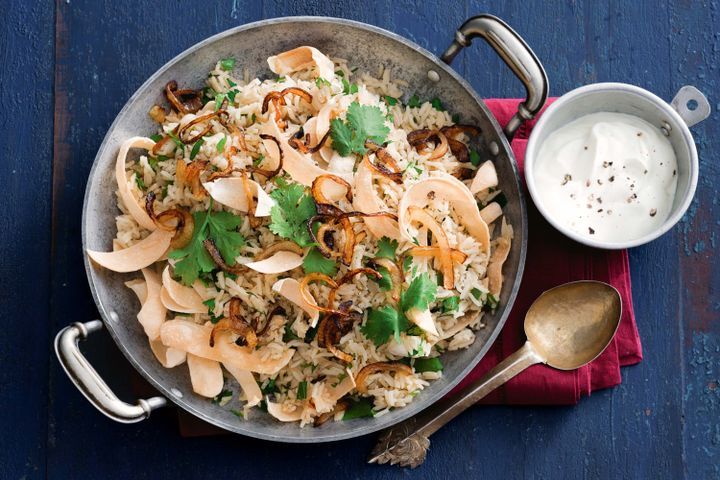 Cooking Vegetarian Crunchy pappadum and coriander pilaf