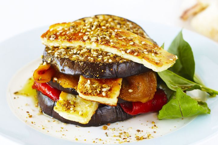 Cooking Vegetarian Eggplant, capsicum and haloumi stacks