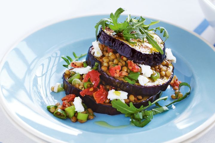 Cooking Vegetarian Eggplant and lentil stacks