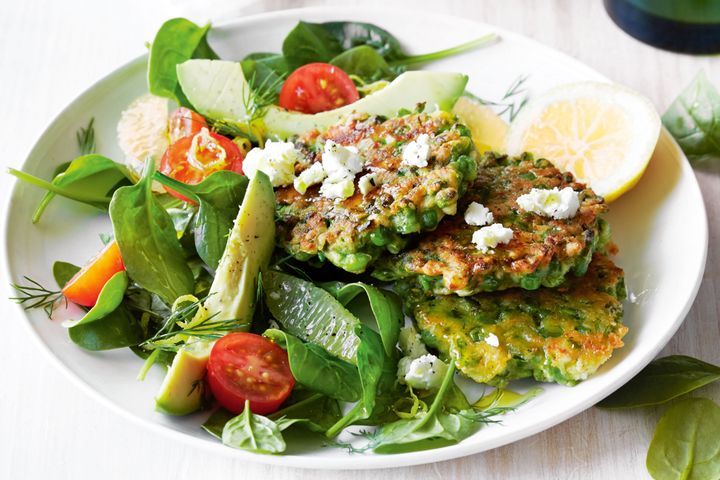Cooking Vegetarian Fast pea and dill fritters with avocado salad