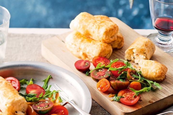 Cooking Vegetarian Fetta pastry puffs with tomato salad