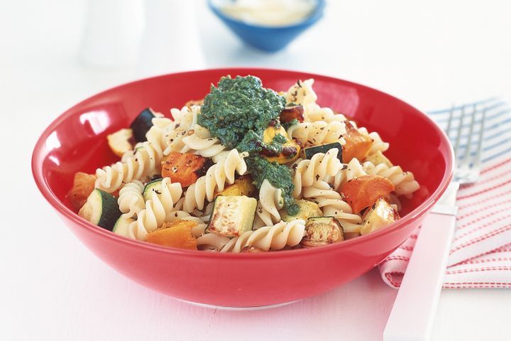 Cooking Vegetarian Fusilli with roasted vegetables and basil pesto