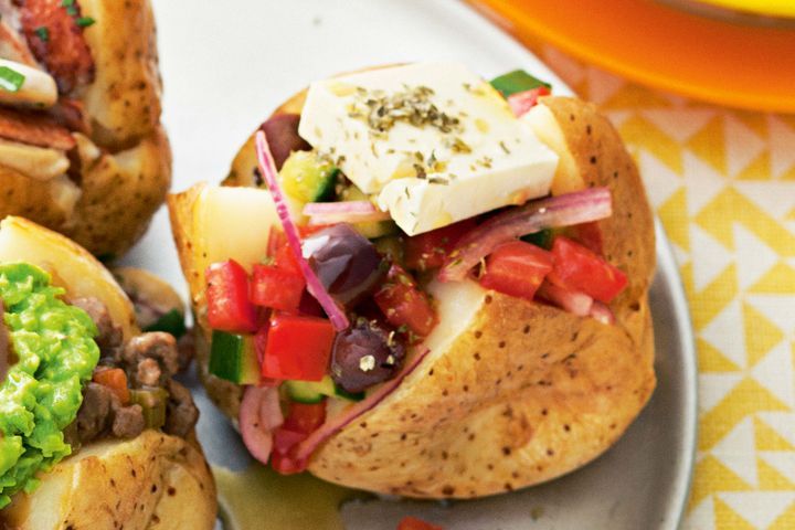 Cooking Vegetarian Greek salad jacket potatoes