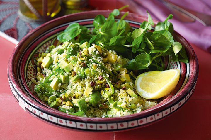 Cooking Vegetarian Green couscous with broad beans, dill and pistachios