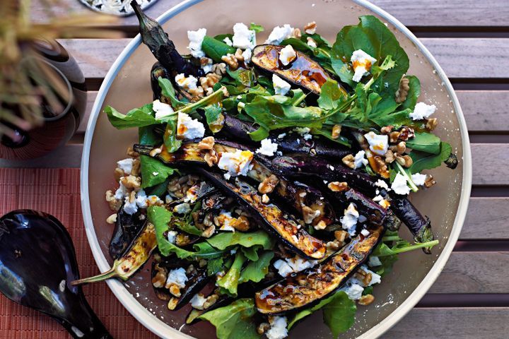 Cooking Vegetarian Grilled eggplant with feta, walnuts and honey dressing
