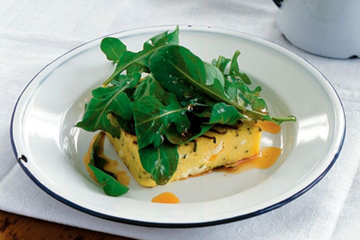 Cooking Vegetarian Grilled feta polenta with rocket and chilli oil