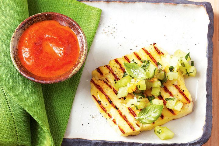 Cooking Vegetarian Grilled haloumi with red capsicum harissa
