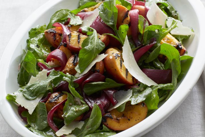 Cooking Vegetarian Grilled peaches with pickled onions, rocket, and parmagiano cheese