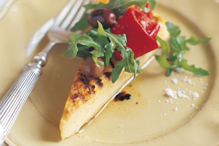 Cooking Vegetarian Grilled polenta with roasted capsicum and olives