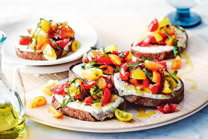 Cooking Vegetarian Grilled ricotta bruschetta with sweet and sour tomatoes