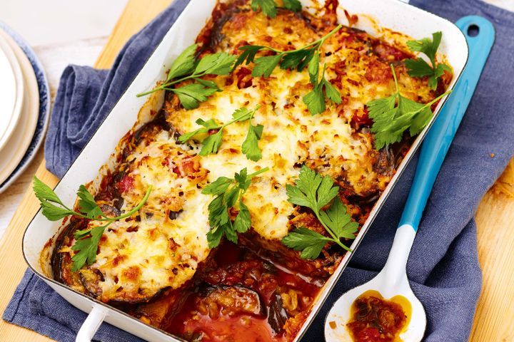 Cooking Vegetarian Haloumi, herb and eggplant bake