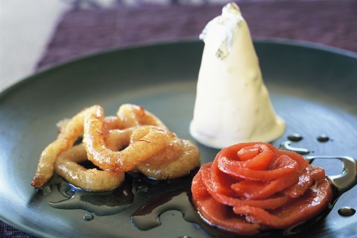 Cooking Vegetarian Halva and rosewater ice-cream with poached quince and jalebi