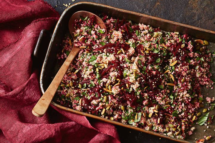 Cooking Vegetarian Herb and raw beetroot tabouli