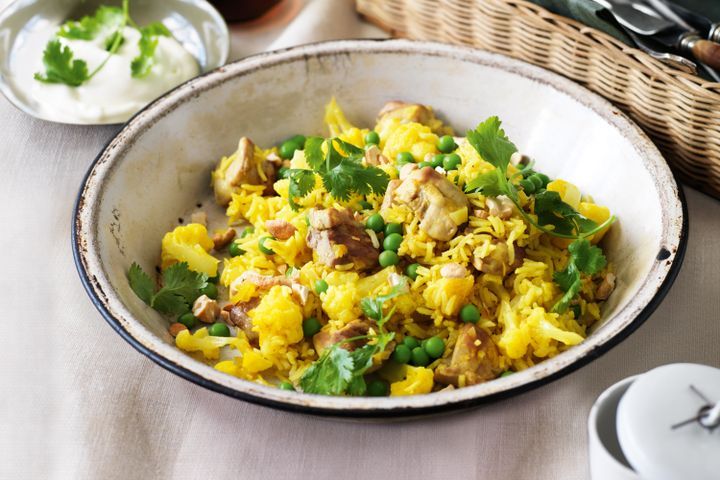 Cooking Vegetarian Indian chicken and cauliflower pilaf