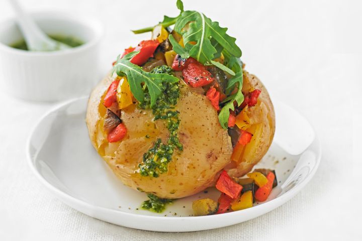 Cooking Vegetarian Jacket potatoes with chargrilled vegie and pesto