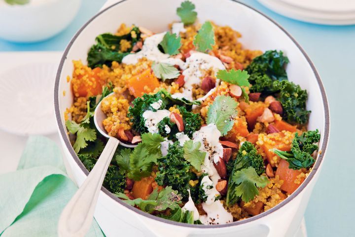 Cooking Vegetarian Kale and sweet potato pilaf