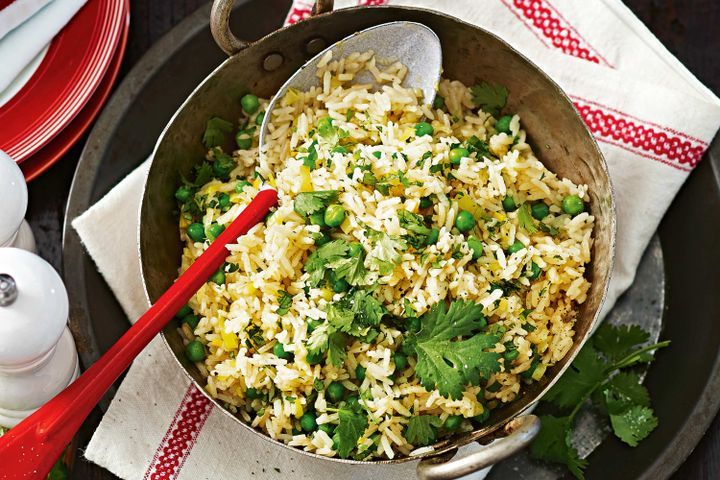 Cooking Vegetarian Leek, pea and coriander pilaf