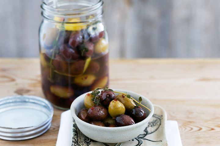 Cooking Vegetarian Lemon and chilli marinated olives