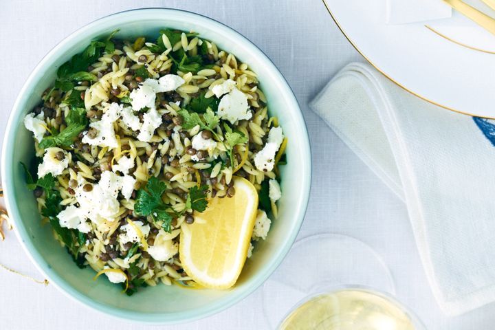 Cooking Vegetarian Lemon risoni with lentils & goats cheese