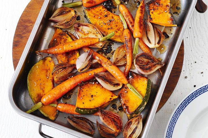Cooking Vegetarian Maple-roasted pumpkin and baby carrots