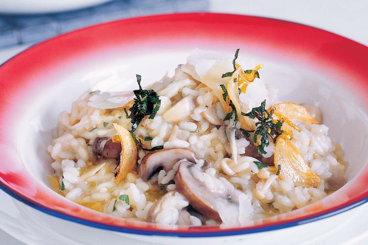 Cooking Vegetarian Mixed mushroom risotto with garlic, lemon & sage oil