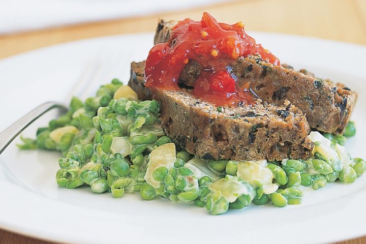 Cooking Vegetarian Mushroom & nutmeat loaf with tomato relish
