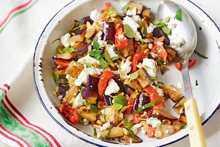 Cooking Vegetarian Pan-fried eggplant with feta and pine nuts