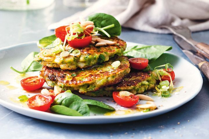 Cooking Vegetarian Pea, broad bean and haloumi fritters