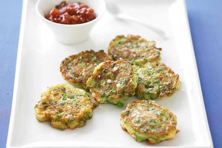 Cooking Vegetarian Pea, feta and mint fritters