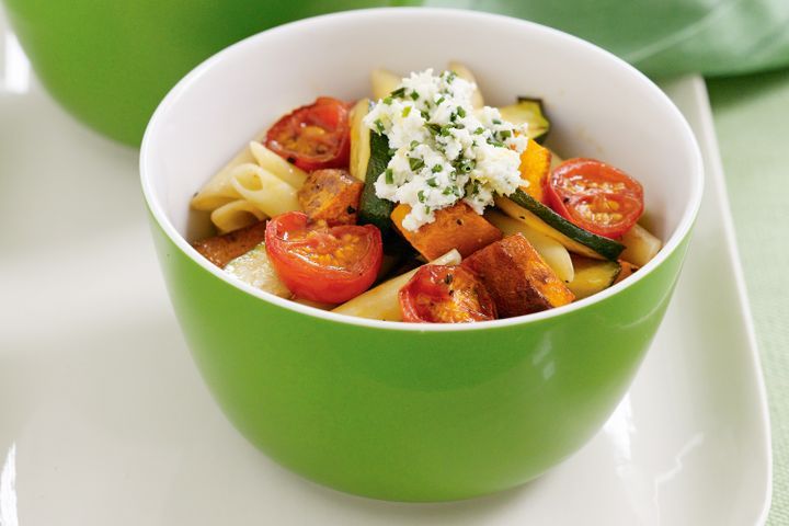 Cooking Vegetarian Penne with roast vegetables & herbed ricotta