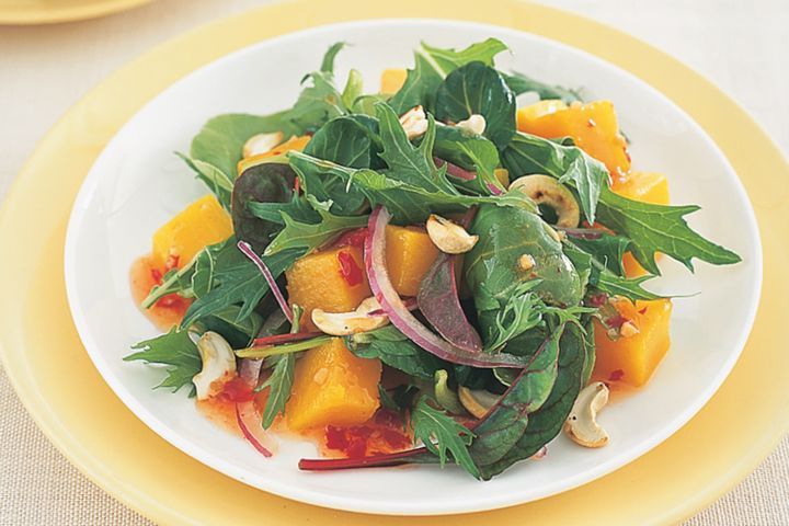 Cooking Vegetarian Pumpkin, red onion and Asian greens salad with sweet chilli dressing