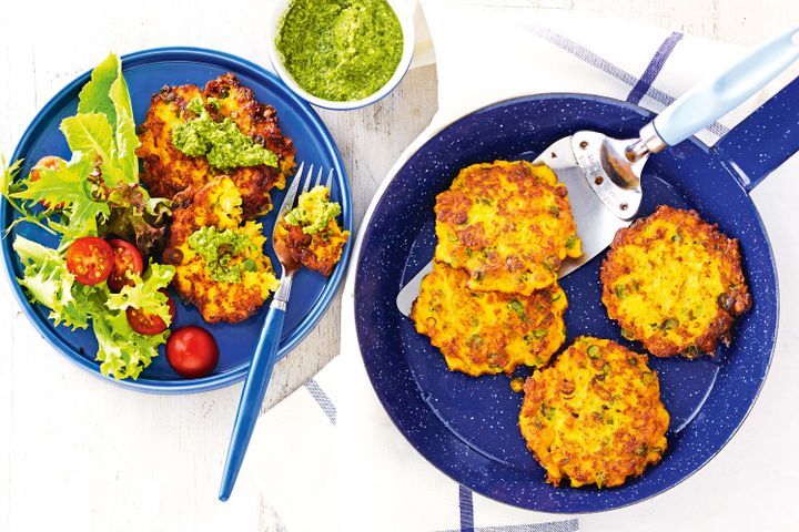 Cooking Vegetarian Pumpkin and chickpea patties with rocket pesto