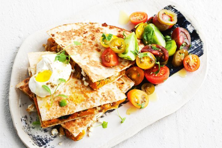 Cooking Vegetarian Pumpkin and chickpea quesadillas with jalapeno salsa