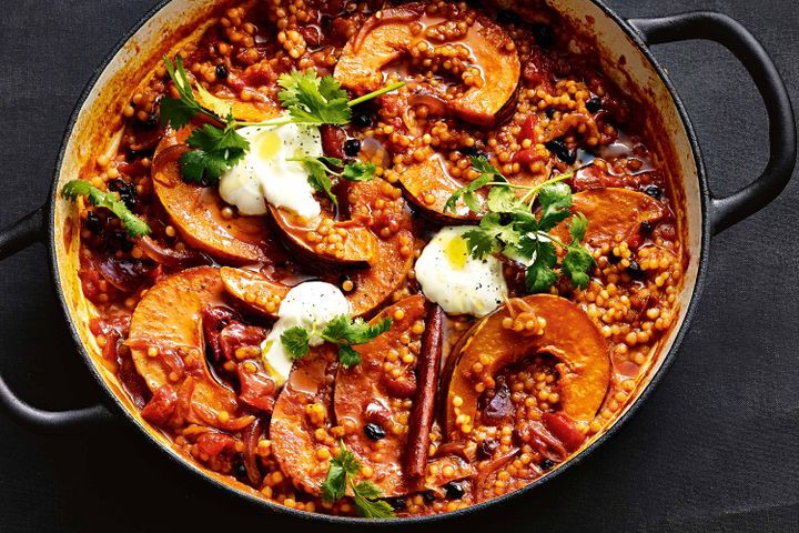 Cooking Vegetarian Pumpkin and pearl couscous tagine