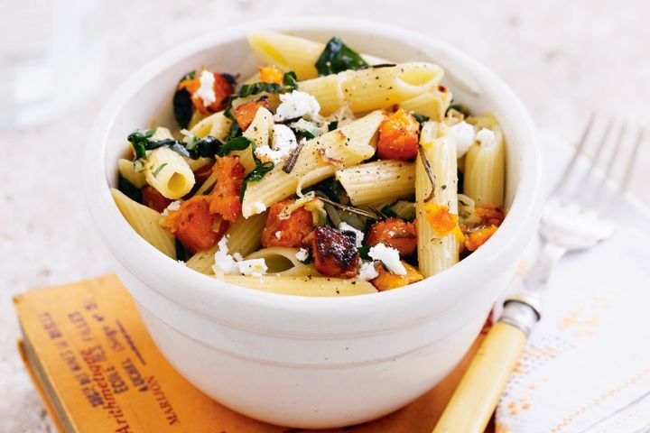 Cooking Vegetarian Pumpkin and silverbeet penne