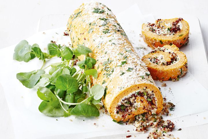 Cooking Vegetarian Pumpkin roulade with quinoa stuffing