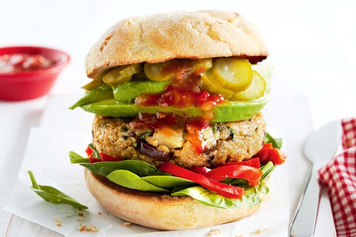 Cooking Vegetarian Quinoa burgers with pickled vegetables