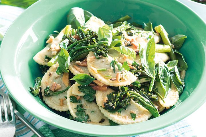 Cooking Vegetarian Ricotta and spinach agnolotti with broccolini