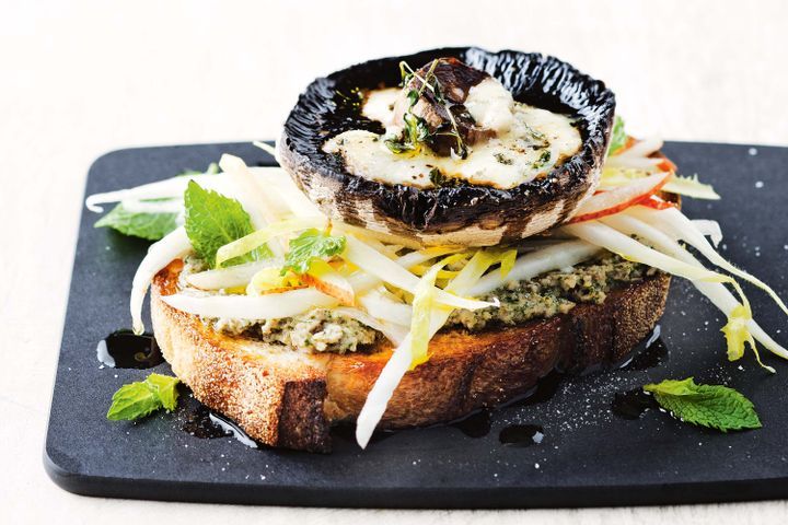 Cooking Vegetarian Roast mushroom and blue cheese tartine with pear & witlof salad