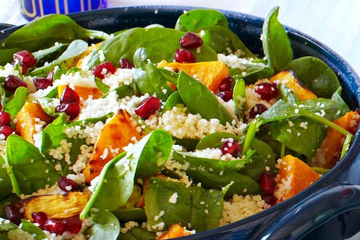 Cooking Vegetarian Roast pumpkin, spinach and pomegrante couscous