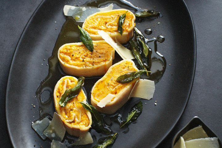 Cooking Vegetarian Roast pumpkin rotolo with sage butter