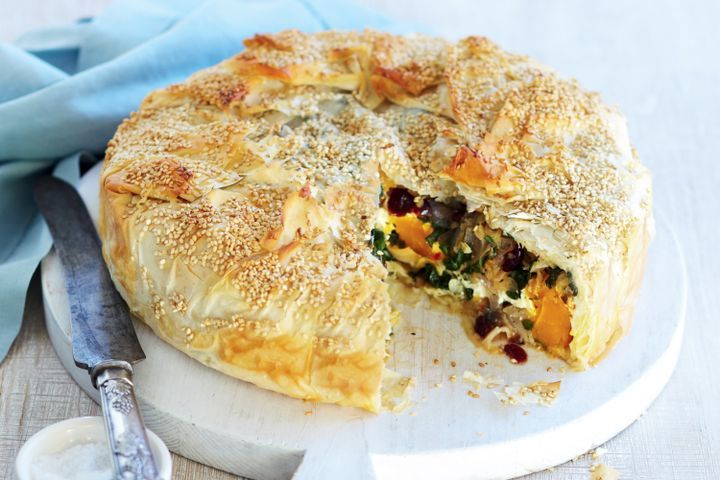 Cooking Vegetarian Roast vegetable, cheese & cranberry filo pie