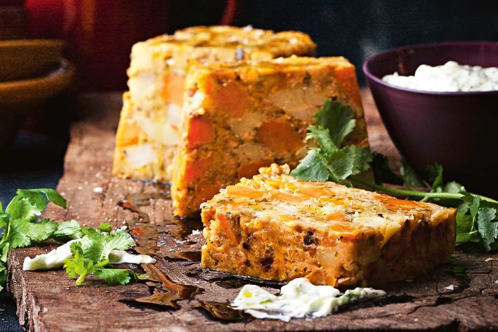 Cooking Vegetarian Roast vegetable and chickpea loaf with cucumber raita
