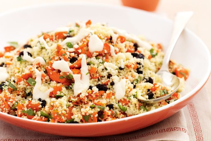 Cooking Vegetarian Roasted carrot and currant couscous with tahini dressing