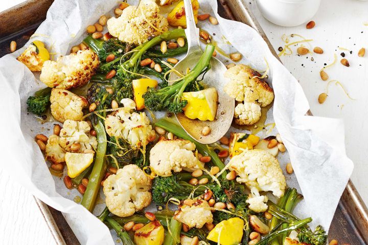 Cooking Vegetarian Roasted cauliflower and broccolini with lemon and pine nuts
