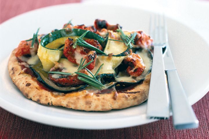 Cooking Vegetarian Roasted vegetable pizzas with rosemary oil