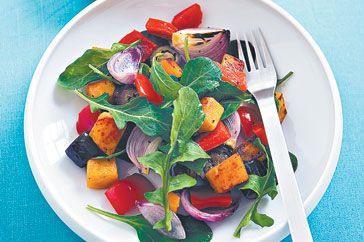 Cooking Vegetarian Roasted vegetable salad with rocket and hummus