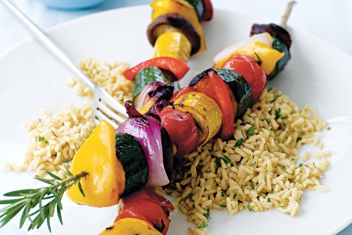 Cooking Vegetarian Rosemary vegie kebabs with seasoned rice (vegetarian)